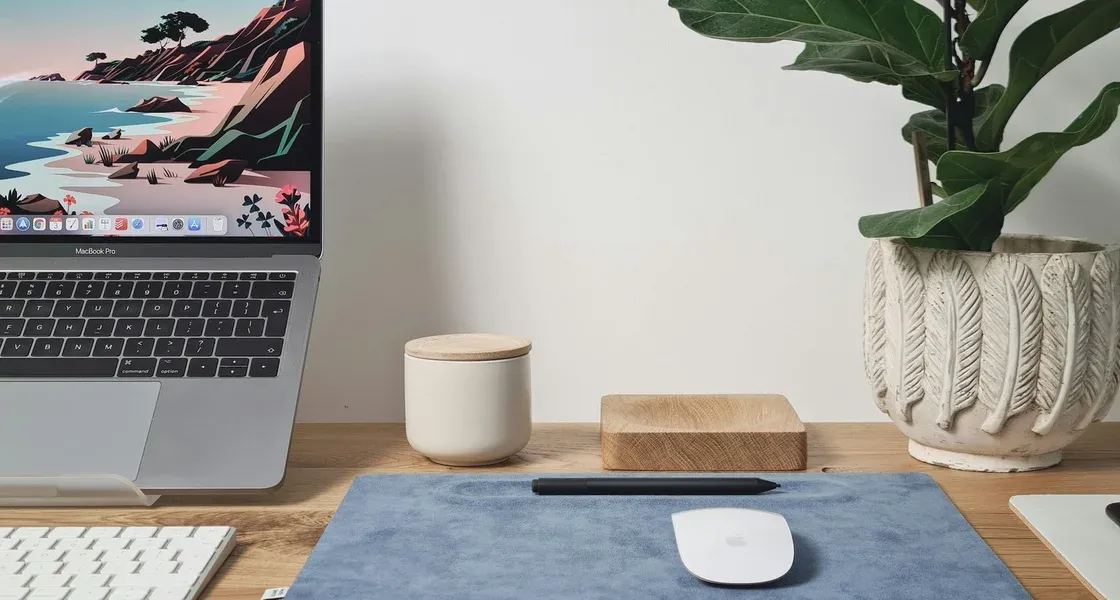 Laptop on a tidy desk with a desk mat, a mouse and a potted plant